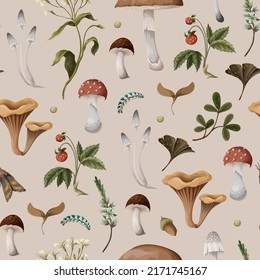 Autumn seamless pattern with mushrooms, berries and bugs. Natural trendy print