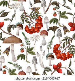 Autumn seamless pattern with mushrooms, berries and plants. Botanical vector