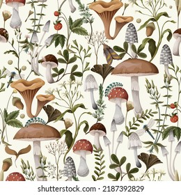 Autumn seamless pattern and mushrooms  berries   bugs  Natural trendy print 
