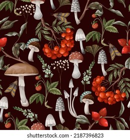 Autumn seamless pattern and mushrooms  berries   plants  Botanical vector