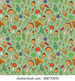 Autumn seamless pattern with mushrooms, berries and leaves.