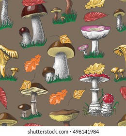 Autumn seamless pattern with mushrooms and berries. Vector illustration for your design