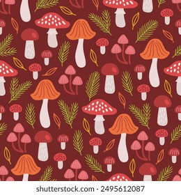 Autumn seamless pattern with mushrooms, fir branches and leaves on dark background. Perfect for seasonal greetings, wallpaper, wrapping paper, fabric. Vector illustration