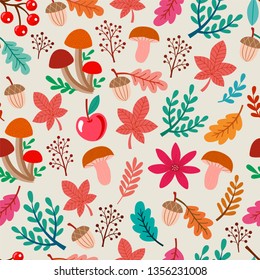 Autumn seamless pattern with mushrooms and leaves. Vector background