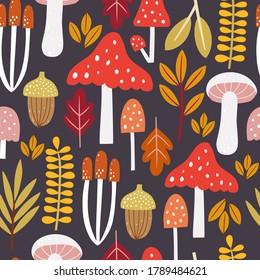 Autumn seamless pattern with mushrooms and leaves. Modern fall seasonal decor. Floral design for wrapping paper, fabrics, covers and cards. 