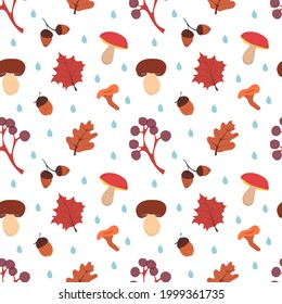 Autumn seamless pattern with mushrooms, leaves, acorns and berries. Fall vector pattern.