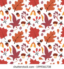 Autumn seamless pattern with mushrooms, leaves, acorns and berries. Fall vector pattern.