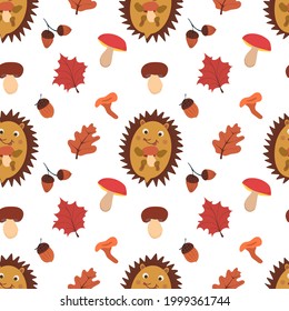 Autumn seamless pattern with mushrooms, leaves, acorns and hadgehog. Fall vector pattern.