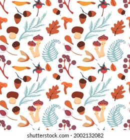 Autumn seamless pattern with mushrooms, leaves, acorns and barries. Fall vector pattern.