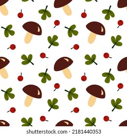 Autumn seamless pattern with mushrooms and leaves. Modern fall seasonal decor. Floral design for wrapping paper, fabrics, covers and cards.