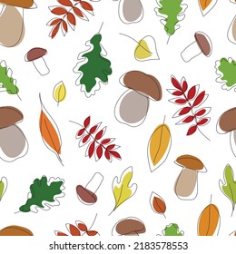 Autumn seamless pattern with mushrooms and leaves. One line design leaves with colored elements. Vector autumn outline pattern for printing on fabric, paper. Minimalism art.