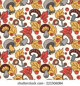 Autumn seamless pattern with mushrooms, leaves and berries.