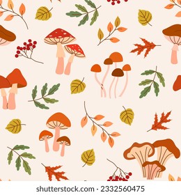 Autumn seamless pattern with mushrooms and leaves.