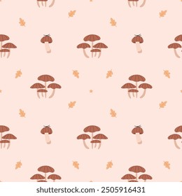 Autumn seamless pattern. Mushrooms and leaves on a neutral background.