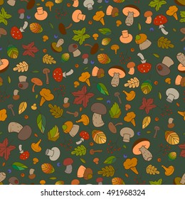 Autumn seamless pattern with mushrooms and leaves. Vector illustration.