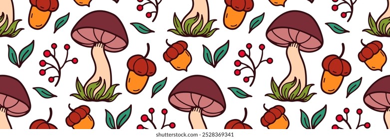 Autumn seamless pattern with mushrooms. perfect for seasonal textiles, wallpaper, wrapping paper, greeting cards, and home decor. Beautiful woodland garden in nature. Vector doodle illustration.