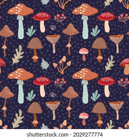 Autumn seamless pattern with mushrooms and seasonal elements