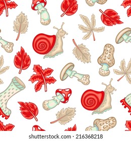 Autumn seamless pattern with mushrooms, snails and leaves Seamless pattern can be applied on different surfaces such as wallpaper, web page background, clothes and other fabrics, phone or tablet cases