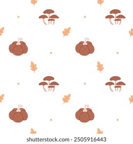 Autumn seamless pattern. Mushrooms, stars, pumpkins and leaves on a white background.