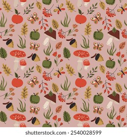 Autumn seamless pattern. Mushrooms, stars and leaves on a neutral background.Magical atmosphere.