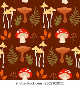 Autumn Seamless Pattern with Mushrooms, Tree Branches, Berries and Leaves. Natural Trendy Print.