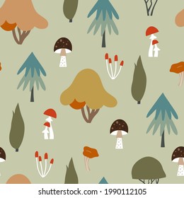 Autumn seamless pattern with mushrooms and trees. Modern fall seasonal decor. Endless background in childish style for fabric, textile, kids design.