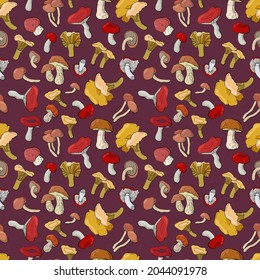 Autumn seamless pattern with mushrooms. White mushroom, chanterelles, honey agarics, russula. Design for fabric, textile, wallpaper, packaging