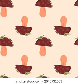 Autumn seamless pattern with mushrooms. White mushroom with fallen leaf. Harvest. Bounty of nature. Isolated vector stock illustration EPS 10