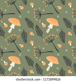 Autumn seamless pattern with nature elements: orange fly agaric mushrooms, brown fern leaves and viburnum berries. Fall season at forest in the form of vector repeatable design on dark green base.