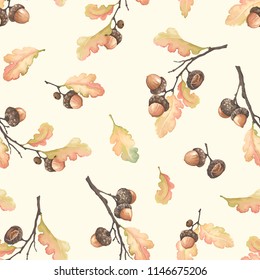 Autumn seamless pattern with oak branches, acorns and leaves. Vector illustration in vintage watercolor style.