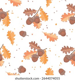 Autumn seamless pattern with oak branches. Cartoon twig with leaves and acorns. Yellow and brown colors on white background. Botanical print on fabric and paper. Vector design for textile, wallpaper.