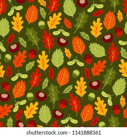 Autumn seamless pattern with oak leaves, acorn, chestnut on dark green background. Perfect for seasonal and Thanksgiving Day greeting cards 