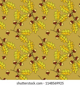 Autumn seamless pattern of oak leaves and acorns. Beauty in autumn season.