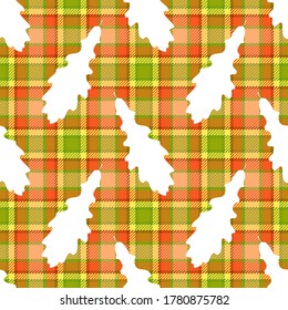 Otoño patrón sin fisuras de hojas de roble siluetas blancas sobre fondo textil de arcilla tartán a cuadros de colores rojo, verde, amarillo, naranja y rosa