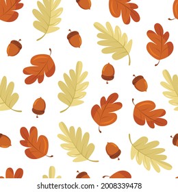 
Autumn seamless pattern with oak leaves and acorns on a white background. Suitable for use on kitchen textiles and bed linen, as well as baby clothes.