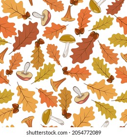 Autumn seamless pattern. Oak leaves, acorns and mushrooms.