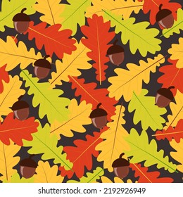 Autumn seamless pattern with oak leaves and acorns