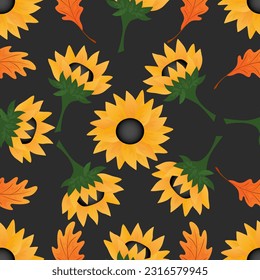Autumn seamless pattern with oak leaves, sunflowers on black background.