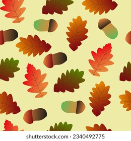 Herbstnahtloses Muster - Eichenblätter aus Herbstfarben und -kernen - Herbsthintergrund. Eichensamen und Blätter unterschiedlicher Farben auf hellem Hintergrund.