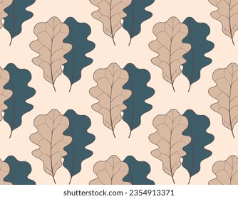 Autumn seamless pattern with oak leaves, lineart.