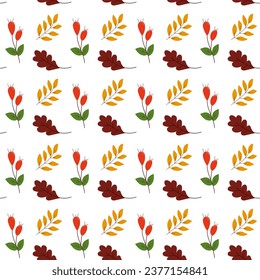 Patrón de otoño sin fisuras con hojas de roble, caderas de rosas para envolturas, cubiertas, papeles pintados, fondos y tarjetas