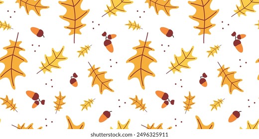 Autumn seamless pattern with with oak leaves and acorns in trendy design. Fall season vector illustration in flat style. Textile, wallpaper and scrapbook paper pattern.
