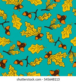 Autumn seamless pattern with oak leaves, branches and acorns on a blue background