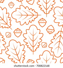 Autumn seamless pattern with oak leaves and acorns. Contour stylized drawing over white background. Vector