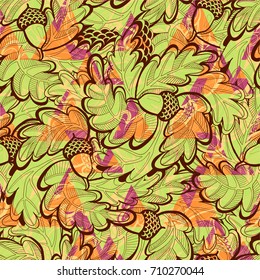 Autumn seamless pattern with oak leaves and acorns. Vector background.