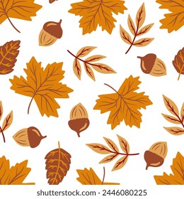 Autumn seamless pattern oak maple leaves and acorns, fall season background