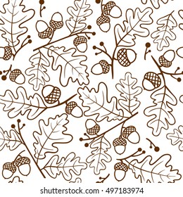Autumn seamless pattern of oak twigs and acorns. Vector illustration. Cute vector backgrounds. Seamless pattern can be used for wallpaper, pattern fills, surface textures