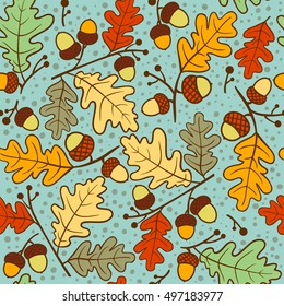 Autumn seamless pattern of oak twigs and acorns. Vector illustration. Cute vector backgrounds in warm retro colors. Seamless pattern can be used for wallpaper, pattern fills, surface textures
