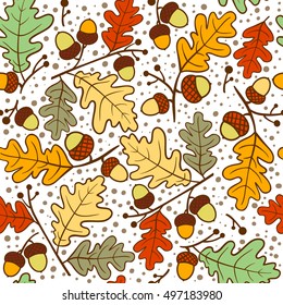 Autumn seamless pattern of oak twigs and acorns. Vector illustration. Cute vector backgrounds in warm retro colors. Seamless pattern can be used for wallpaper, pattern fills, surface textures