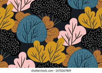 Autumn seamless pattern with oaks, maples, birches on a dark background. Hand drawn forest. Colorful floral print. Vector illustration.